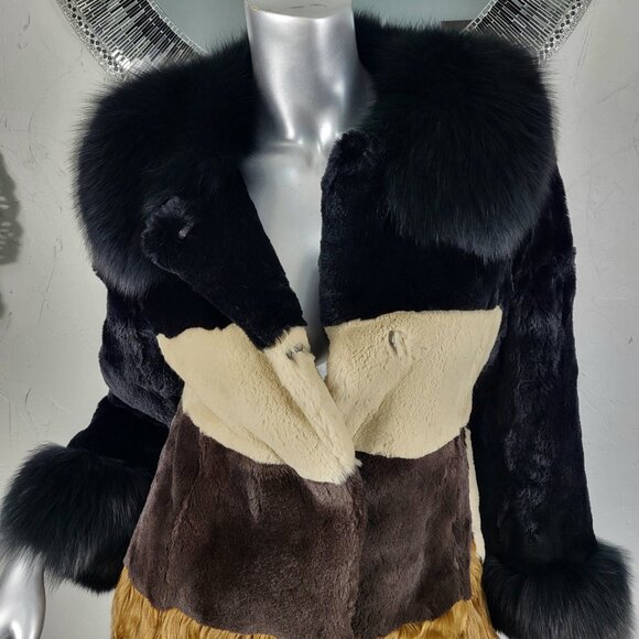 DIAGRAM~XS~BLACK ANIMAL PRINT GENUINE FOX FUR REAL CURLY LAMB MINK RABBIT COAT - Picture 2 of 16